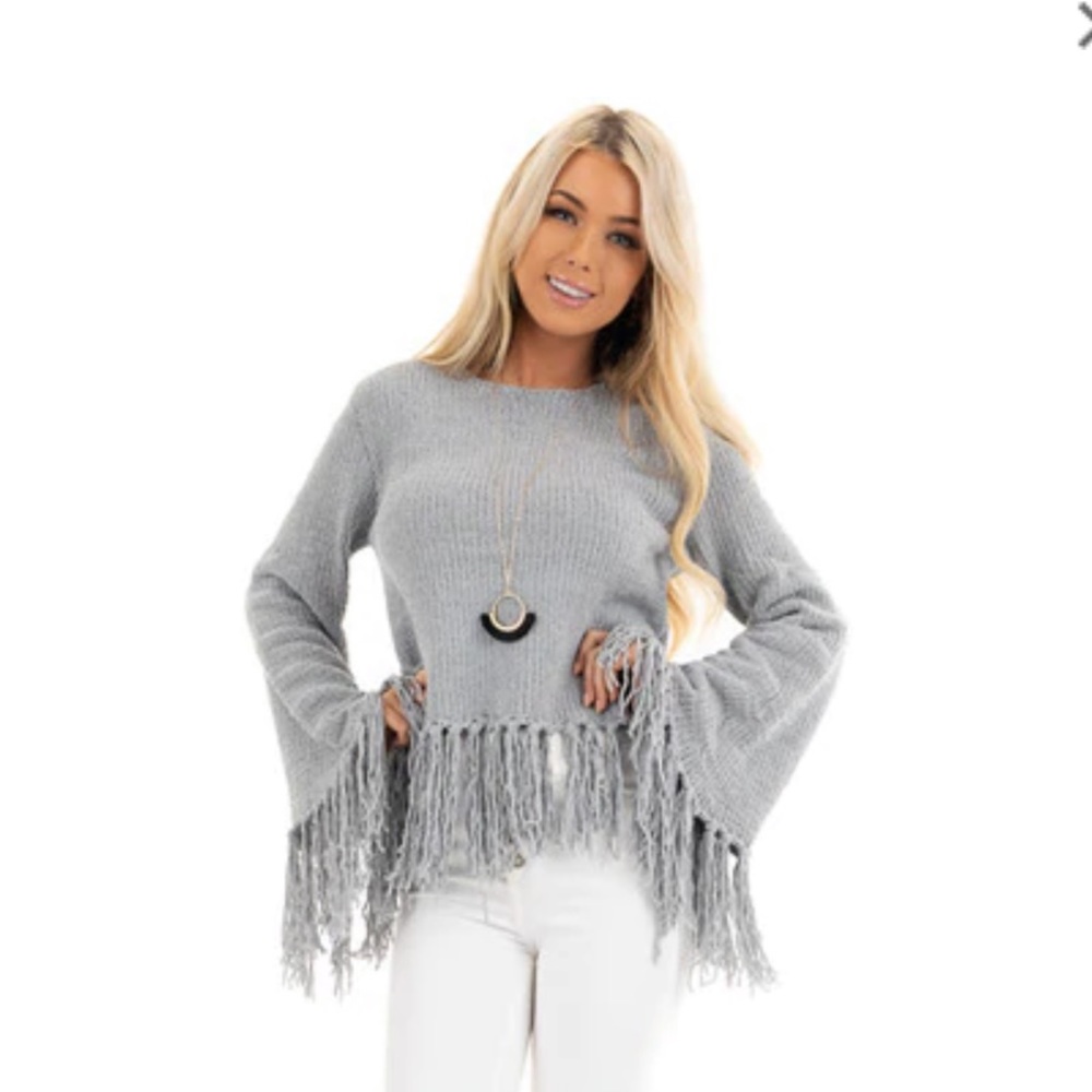 Slate Grey Bell Sleeve Chenille Sweater w/ tassels